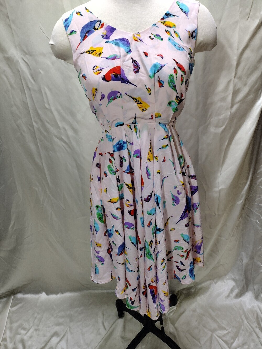 New Louche Chica Pink Sundress Women XS Birds Tie Bust Sleeveless